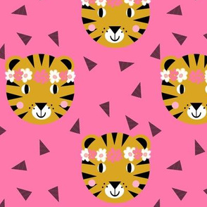 tiger flower crown pink fabric cute florals and tiger animals print - bright pink