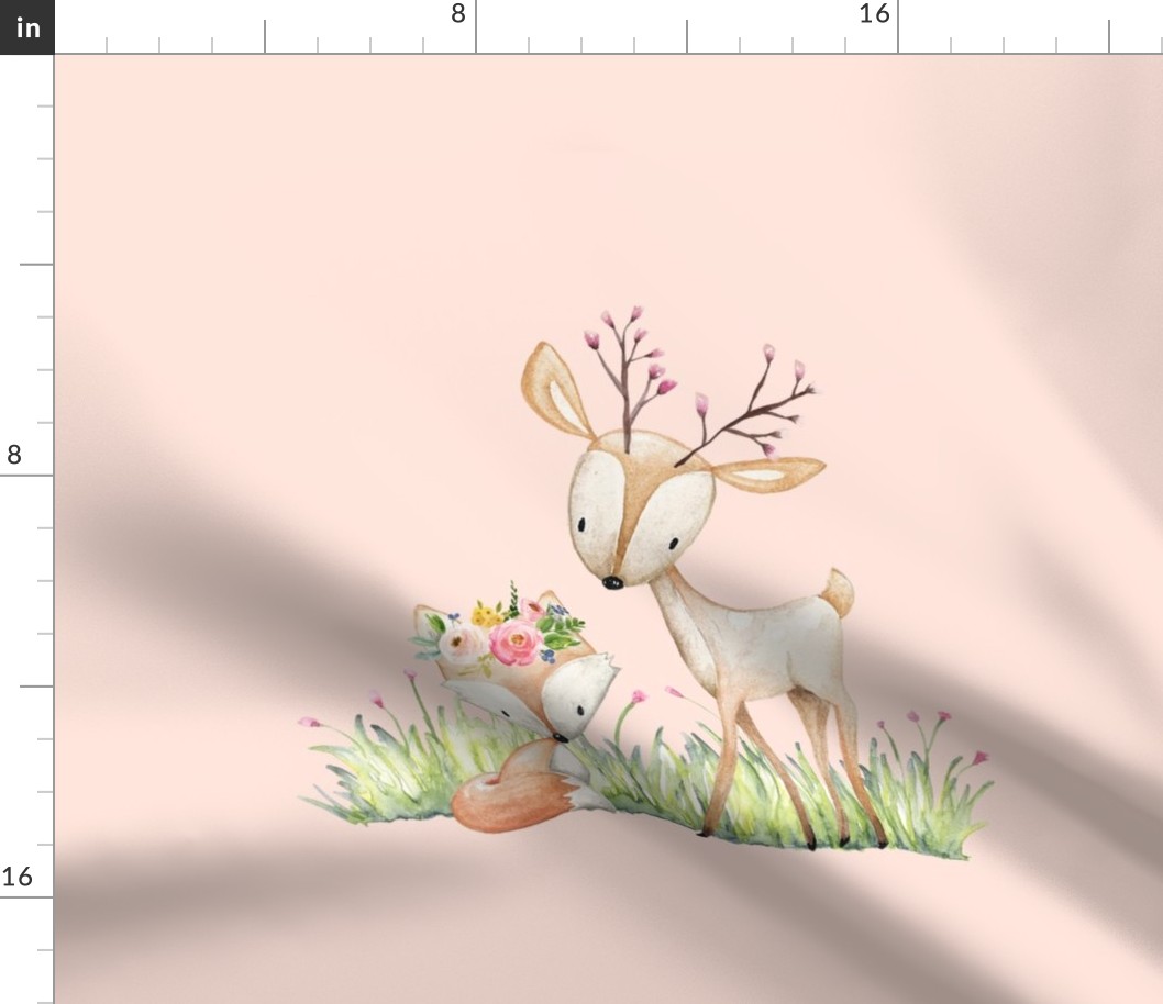 Deer & Fox Pillow Front (baby pink) - Fat Quarter size