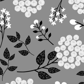 Mary's Floral (steel gray) Black + White Flower Fabric, LARGER scale