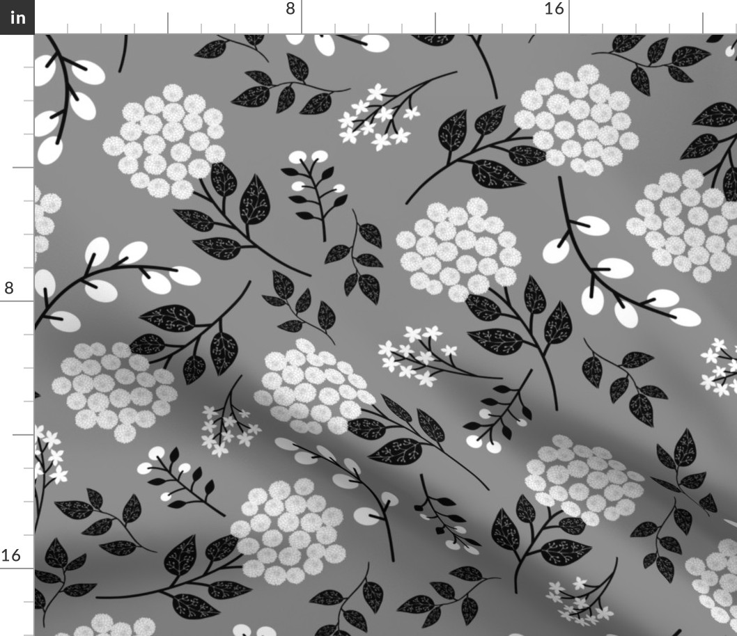 Mary's Floral (steel gray) Black + White Flower Fabric, LARGER scale