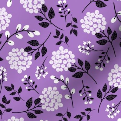 Mary's Floral (purple) Black + White Flower Fabric, MEDIUM  scale