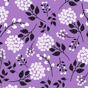 Mary's Floral (purple) Black + White Flower Fabric, MEDIUM  scale
