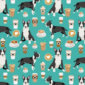 Bull Terrier coffee cafe  dog breed pattern fabric turquoise 