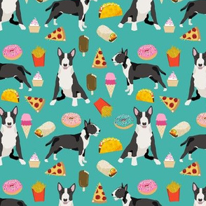 Bull Terrier junk food pizza donuts french fries food dog breeds turquoise 