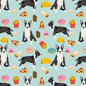 Bull Terrier junk food pizza donuts french fries food dog breeds 