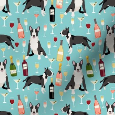 Bull Terrier wine champagne cocktails fabric pattern dog breed light blue