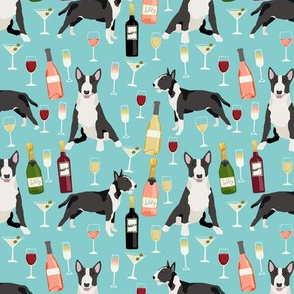 Bull Terrier wine champagne cocktails fabric pattern dog breed light blue