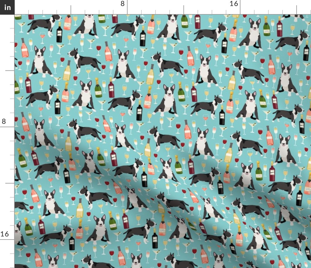 Bull Terrier wine champagne cocktails fabric pattern dog breed light blue