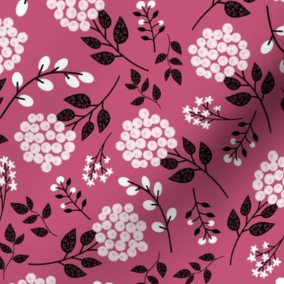 Mary's Floral (magenta) Black + White Flower Fabric, MEDIUM  scale