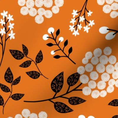 Mary's Floral (russet orange) Black + White Flower Fabric, LARGER scale