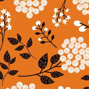 Mary's Floral (russet orange) Black + White Flower Fabric, LARGER scale