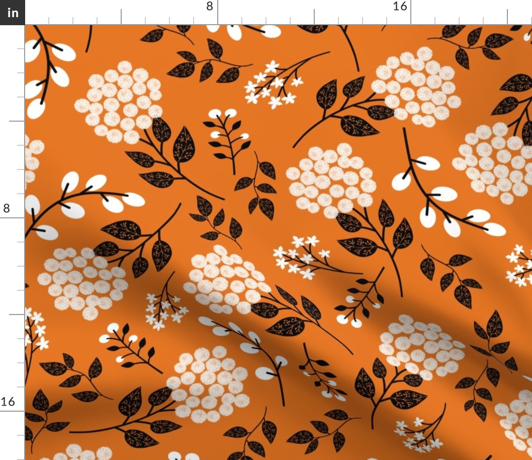 Mary's Floral (russet orange) Black + White Flower Fabric, LARGER scale