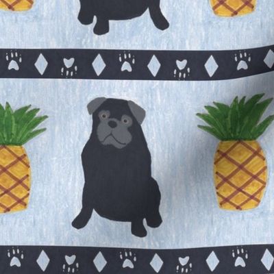 Primitive Pug and pineapple - slate blue large border width black