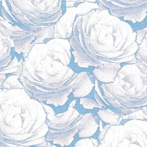 White Roses Outline Light Blue Upholstery Fabric