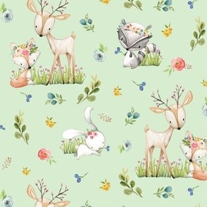 Woodland Friends (light basil) Deer Fox Raccoon Flowers Baby Girl Nursery Blanket Sheets Bedding