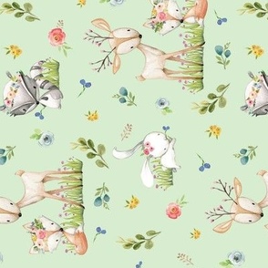Woodland Friends (light basil) Deer Fox Raccoon Flowers Baby Girl Nursery Blanket Sheets Bedding, rotated