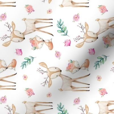 Sweet Deer & Fox - Pink Flowers Woodland Animals Baby Girl Nursery Bedding, rotated