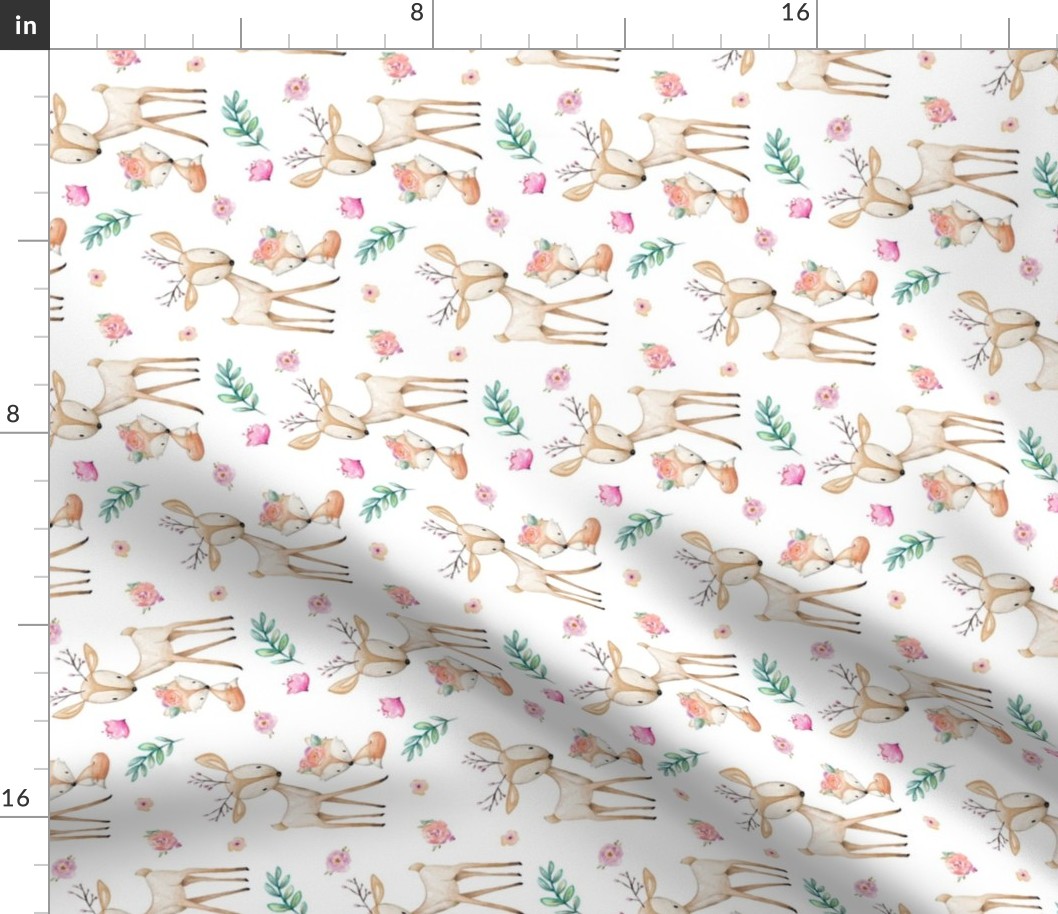 Sweet Deer & Fox - Pink Flowers Woodland Animals Baby Girl Nursery Bedding, rotated