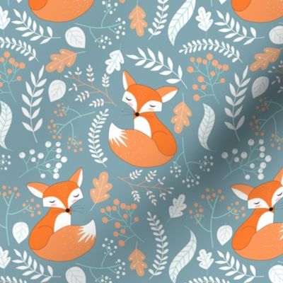 Fox - Sleepy Foxes (blue pond) Baby Nursery Woodland Animals Kids Childrens Bedding P2