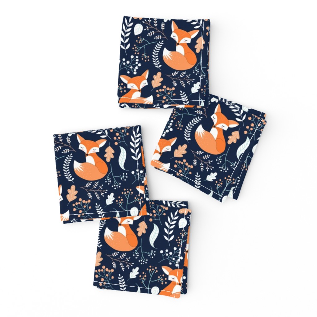 Fox - Sleepy Foxes (navy) Baby Nursery Woodland Animals Kids Childrens Bedding N10