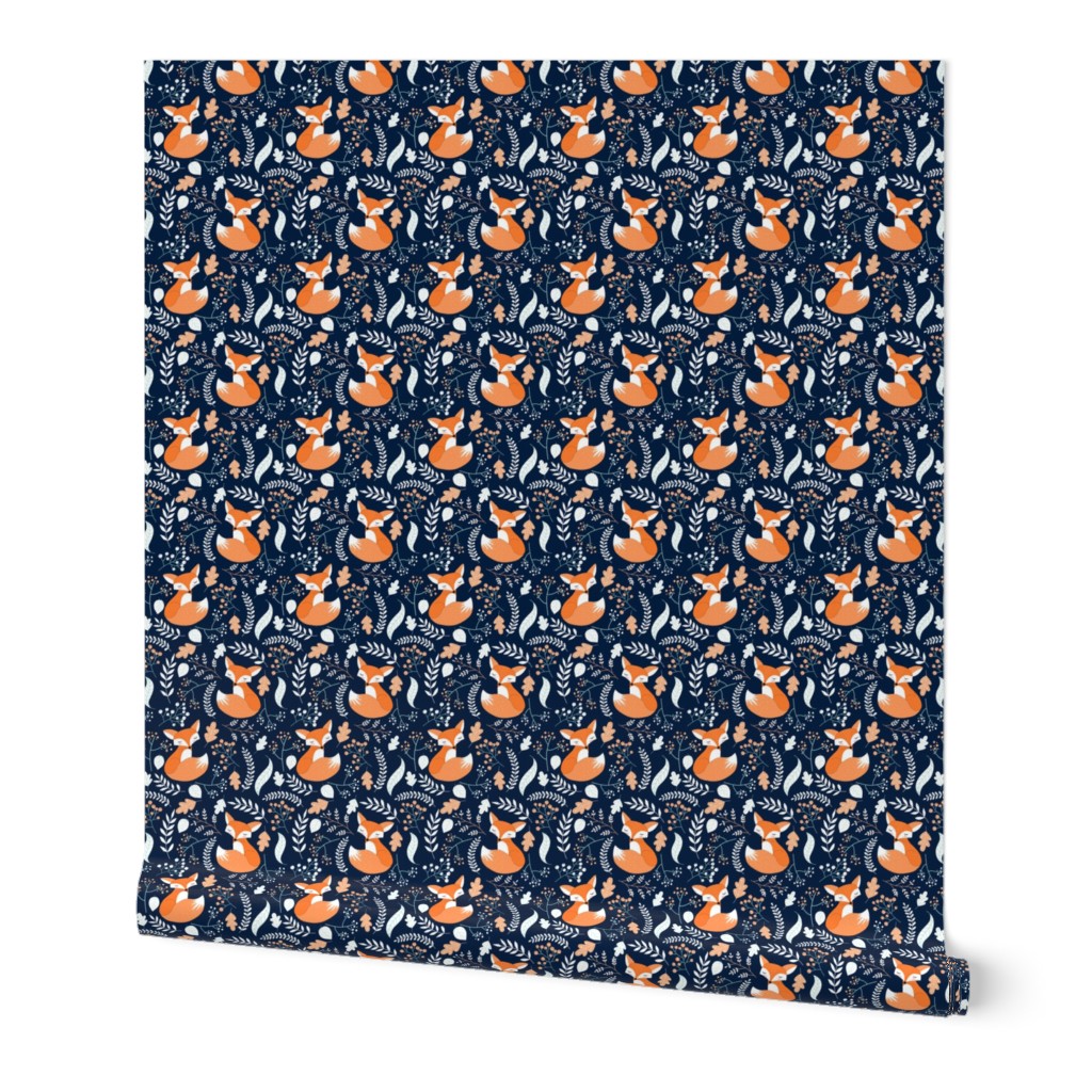 Fox - Sleepy Foxes (navy) Baby Nursery Woodland Animals Kids Childrens Bedding N10