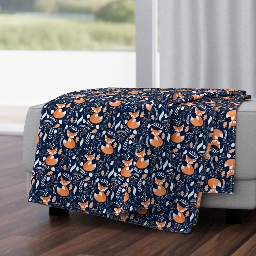 Fox - Sleepy Foxes (navy) Baby Nursery Woodland Animals Kids Childrens Bedding N10