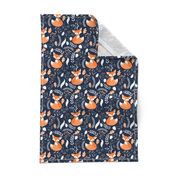 Fox - Sleepy Foxes (navy) Baby Nursery Woodland Animals Kids Childrens Bedding N10