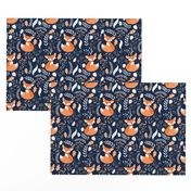 Fox - Sleepy Foxes (navy) Baby Nursery Woodland Animals Kids Childrens Bedding N10