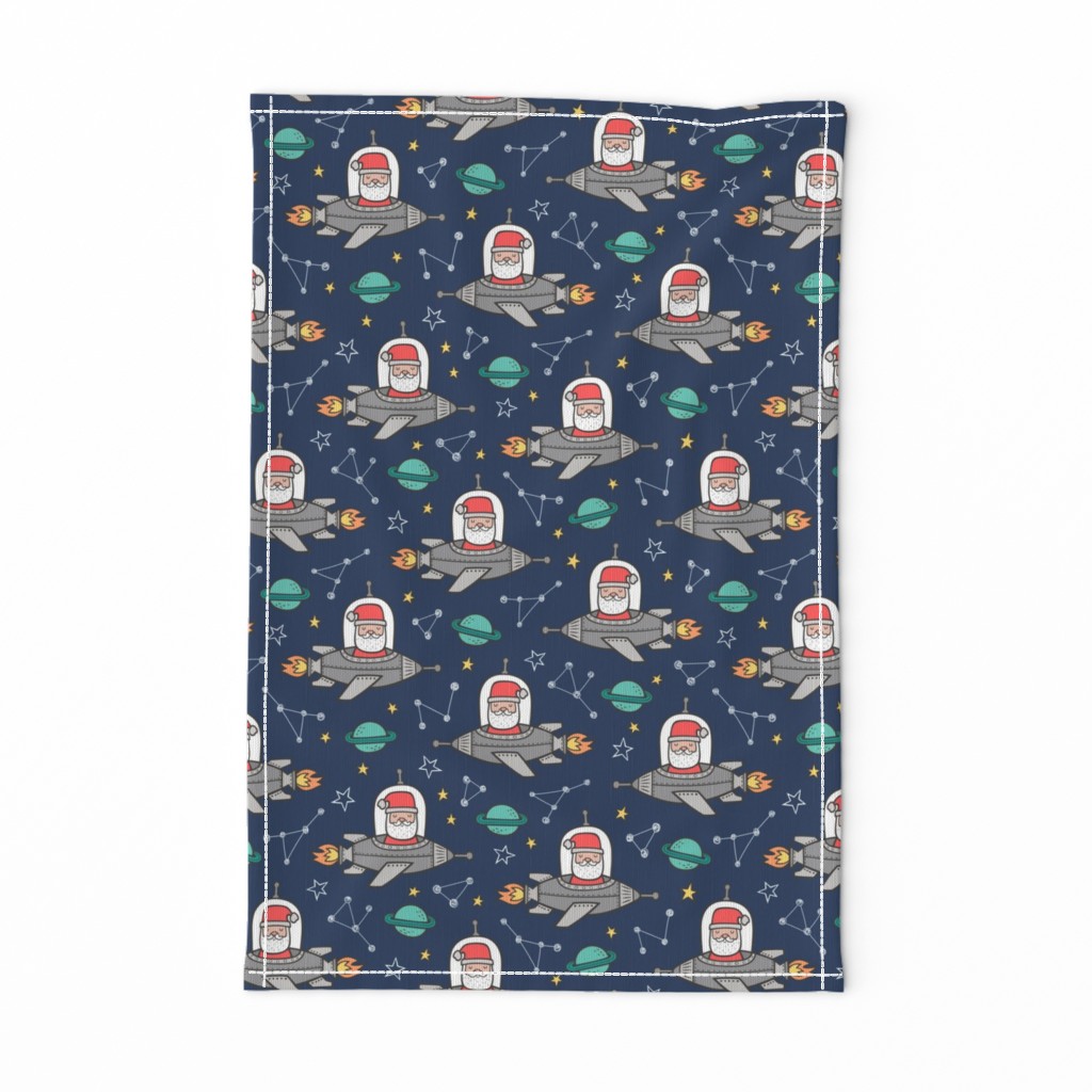 Christmas Santa Claus in Space Rockets, Planets & Constellations on Navy Blue