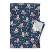 Christmas Santa Claus in Space Rockets, Planets & Constellations on Navy Blue