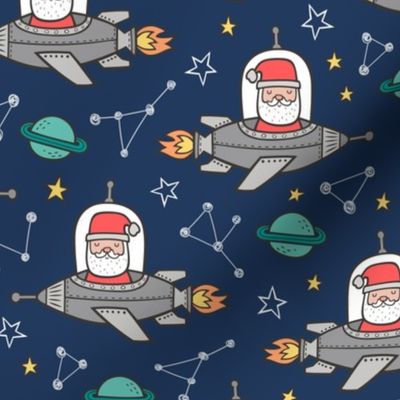 Christmas Santa Claus in Space Rockets, Planets & Constellations on Navy Blue