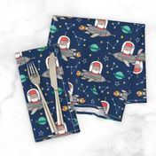 Christmas Santa Claus in Space Rockets, Planets & Constellations on Navy Blue