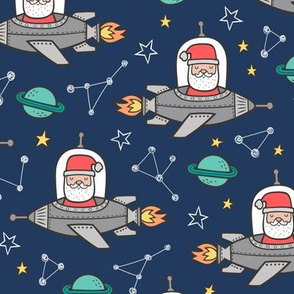 Christmas Santa Claus in Space Rockets, Planets & Constellations on Navy Blue