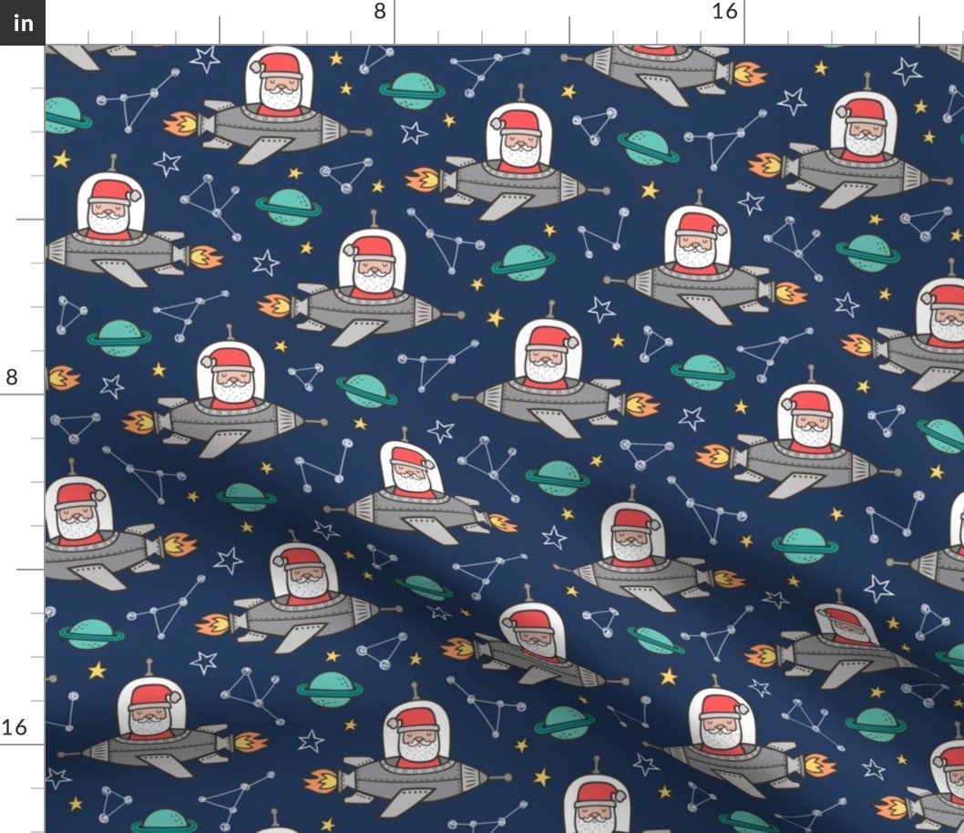 Christmas Santa Claus in Space Rockets, Planets & Constellations on Navy Blue