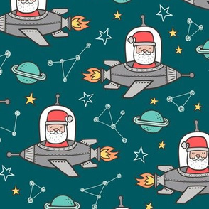 Christmas Santa Claus in Space Rockets, Planets & Constellations on Green Teal