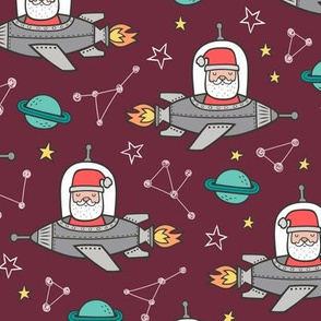 Christmas Santa Claus in Space Rockets, Planets & Constellations on Dark Red