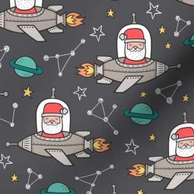 Christmas Santa Claus in Space Rockets, Planets & Constellations on Dark Grey