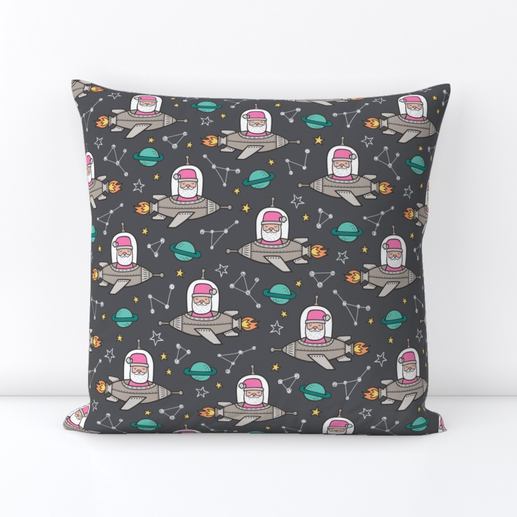 Pink Christmas Santa Claus in Space Rockets, Planets & Constellations on Dark Grey