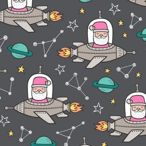 Pink Christmas Santa Claus in Space Rockets, Planets & Constellations on Dark Grey