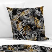 Tropical Leaves in Gold Gray Black and White in 36 inch repeat by kedoki 