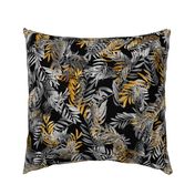 Tropical  Leaves in Gold Black Grey and White  by kedoki in 24 inch repeat