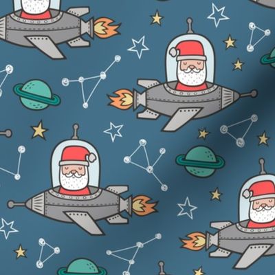 Christmas Santa Claus in Space Rockets, Planets & Constellations on Blue Denim