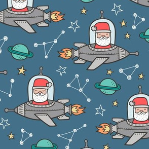 Christmas Santa Claus in Space Rockets, Planets & Constellations on Blue Denim