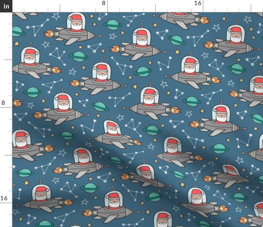 Christmas Santa Claus in Space Rockets, Planets & Constellations on Blue Denim