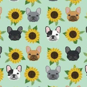 french bulldog fabric cute frenchies and sunflowers design sunflower fabric - mint