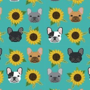 french bulldog fabric cute frenchies and sunflowers design sunflower fabric - turquoise