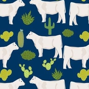 charolais cattle cow and cactus fabric charolais cactus cattle fabric - navy