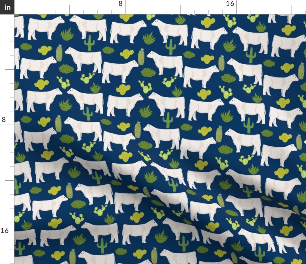 charolais cattle cow and cactus fabric charolais cactus cattle fabric - navy