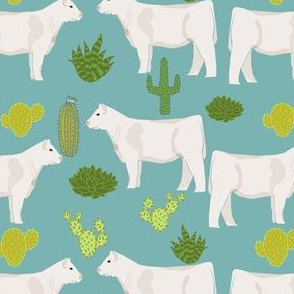 charolais cattle cow and cactus fabric charolais cactus cattle fabric - blue