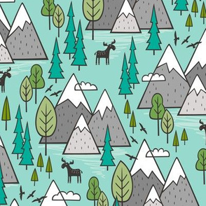 Mountains Forest Woodland Trees & Moose on Mint Green